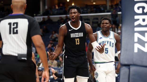 Dec 8, 2023; Memphis, Tennessee, USA; Memphis Grizzlies forward-center Jaren Jackson Jr. (13) reacts during the first half against the Minnesota Timberwolves at FedExForum.